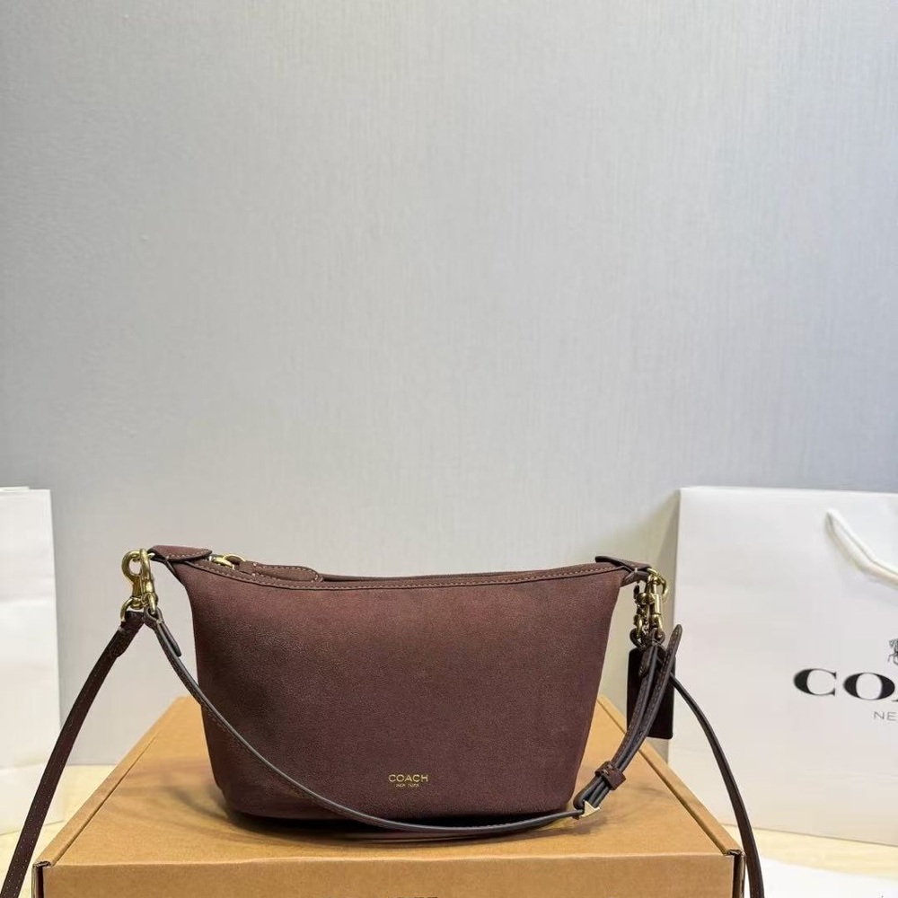 COACH Demi Hobo Bag Dark Brown Suede Leather Shoulder Crossbody